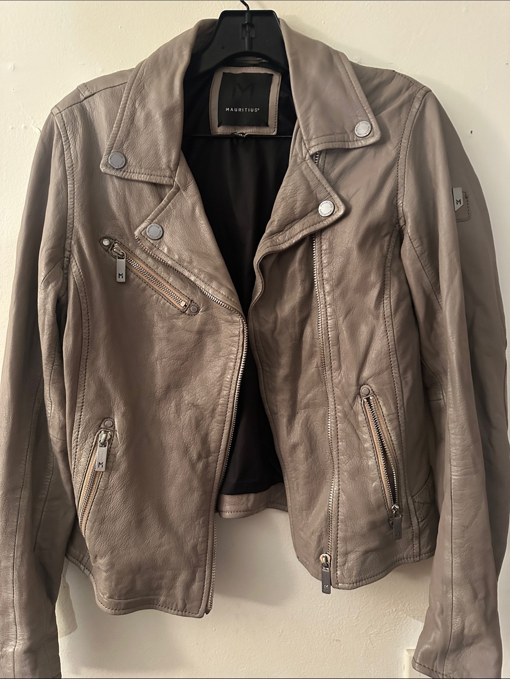 Mauritius Taupe Leather Moto Jacket - Women's